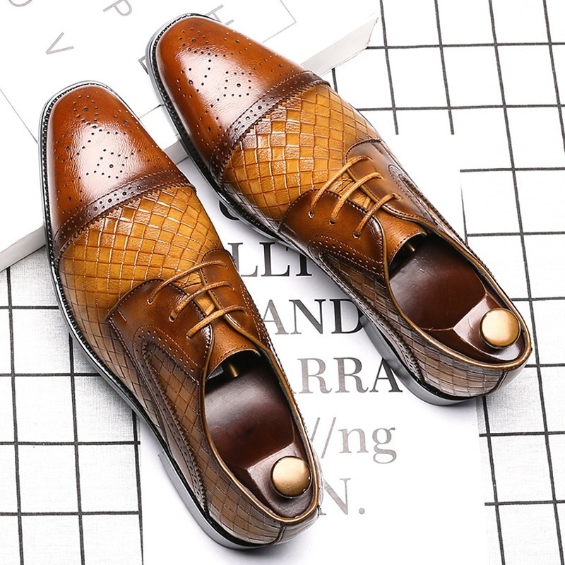 Men's Woven Leather Dress Mens Classic Vintage Derby Brogue Men Lace-Up Business Office Party Wedding Shoes