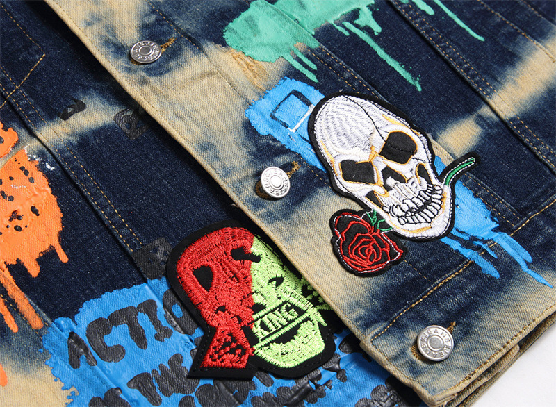 Men's New Slim-Fit European And American Style Multi-Badge Skull Paint Long-Sleeved Trendy Slim Denim Jacket M-3Xl