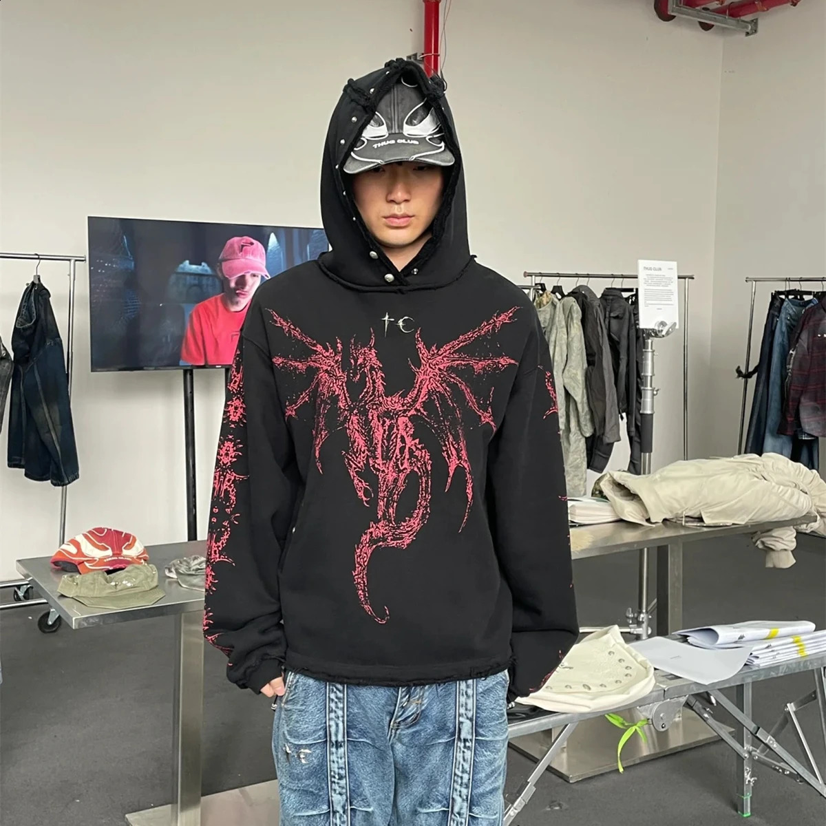 Yao888 THUG CLUB Fashion Pure Cotton Hooded Sweatshirt Oversize Vintage Casual Graphics Pullover Hoodies For Men 240920