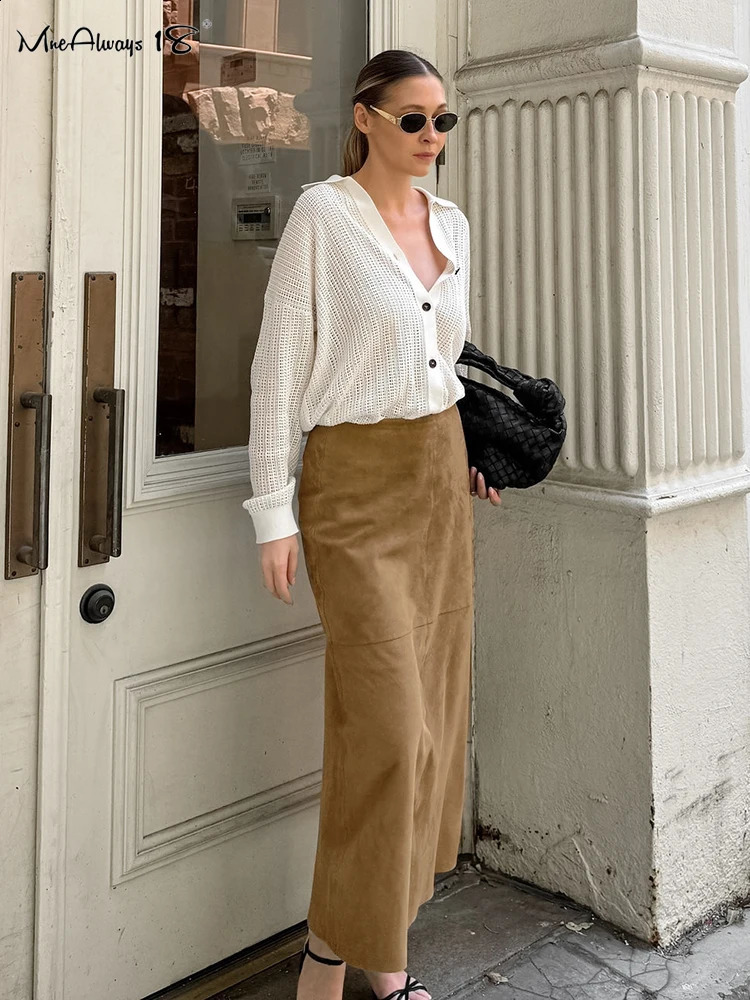 Mnealways18 Suede Vintage Khaki Skirts Women Warm Autumn Winter 2024 High Waist Straight Long Skirts Office Ladies Woolen Midi 240919