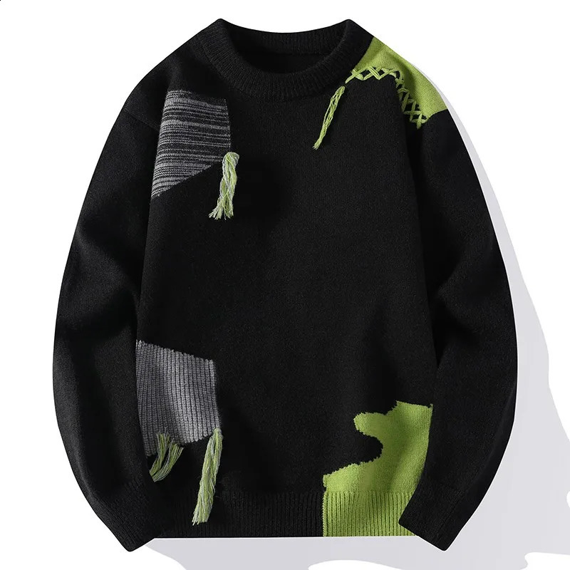 2024 Patchwork Knitted Sweater Trend High Street Autumn Winter Warm Mens Tops Hiphop Clothing Fishing Sports Pullover 240915