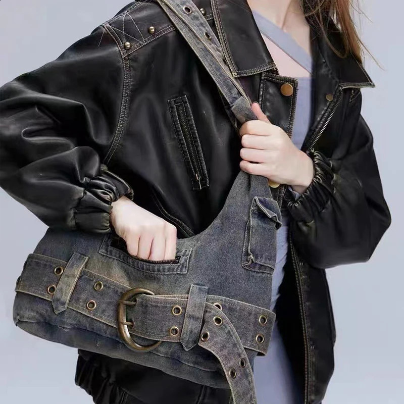 Trendy Women Vintage Denim Punk Shoulder Bag Y2k Streetwear Grunge Handbag Cool Girls Retro Gothic Casual Underarm Bags 240909