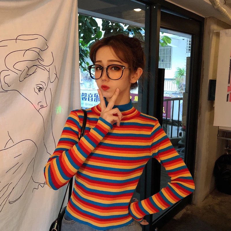 Winter Rainbow Knitted Women Sweaters And Long Sleeve Turtleneck Casual Pullovers Sueter Mujer Tops Korean Striped Acrylic Jumpe 240912