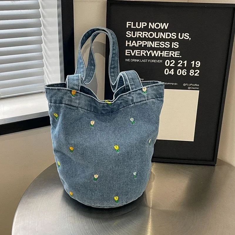 Versatile Denim Bag Designer Embroidery Fashionable Women's TLXT Shoulder Bag Large Capacity Bucket Bag Handbag for Women