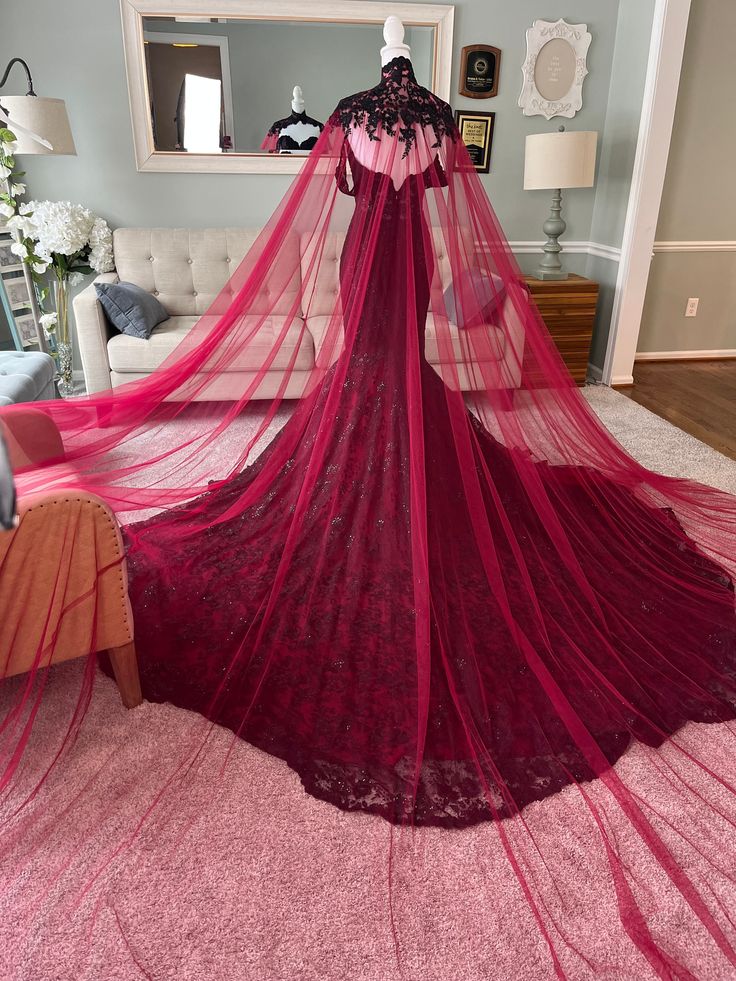 Vintage Burgundy And Black Gothic Mermaid Wedding Dresses With Long Wrap Lace Appliques Sleeveless Straps Elegant Chapel Length Wedding Gown For Women