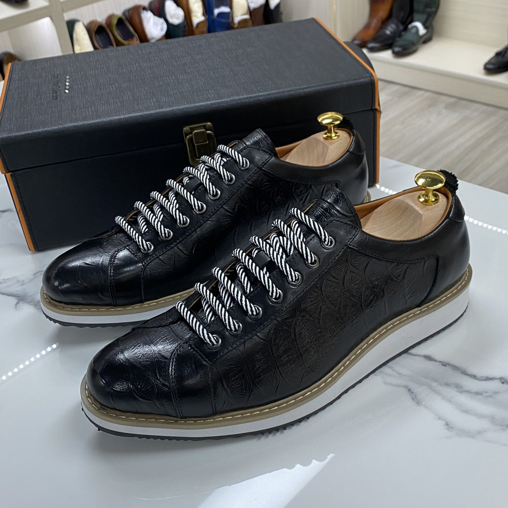Classic Mens Casual Genuine Leather Lace-Up Fashion Sneakers Brand Alligator Print Street Travel Flat Shoes For Men