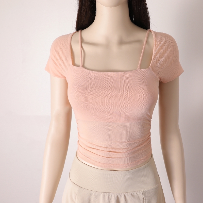 Spring Summer Sexy Outer Wear With Chest Pad Pleated Slim Yoga Fiess Women Sports T-Shirt