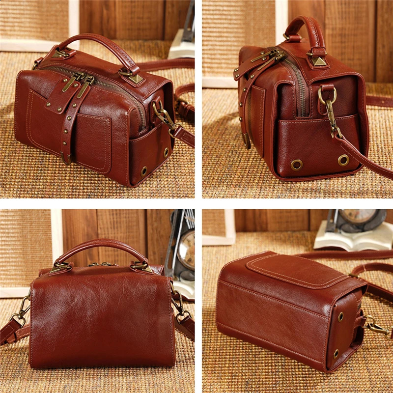 Burminsa Boston Small Genuine Leather Handbags For Women Trend er Wide Strap Pillow Ladies Shoulder Crossbody Bags 240909
