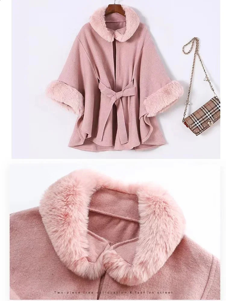 2024 Poncho Cloak Korean Style Women Autumn and Winter Keep Warm Cape Coats Loose Belt Party Vacation Street Ponchos T85 240921 - view 3