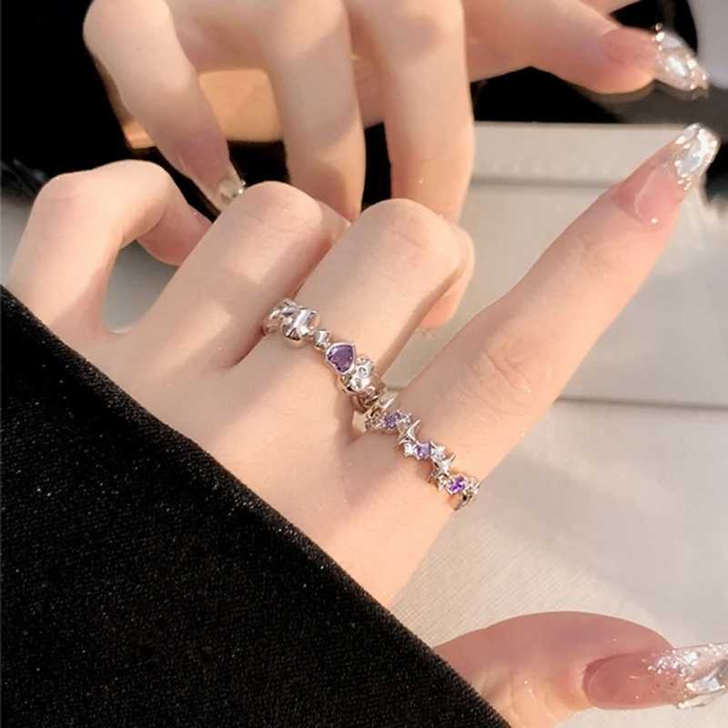 Fashion Shiny Purple Rhinestone Opening Couple Rings for Women Men Vintage Crystal Star Adjustable Ring Lover Y2K JewelryX240921