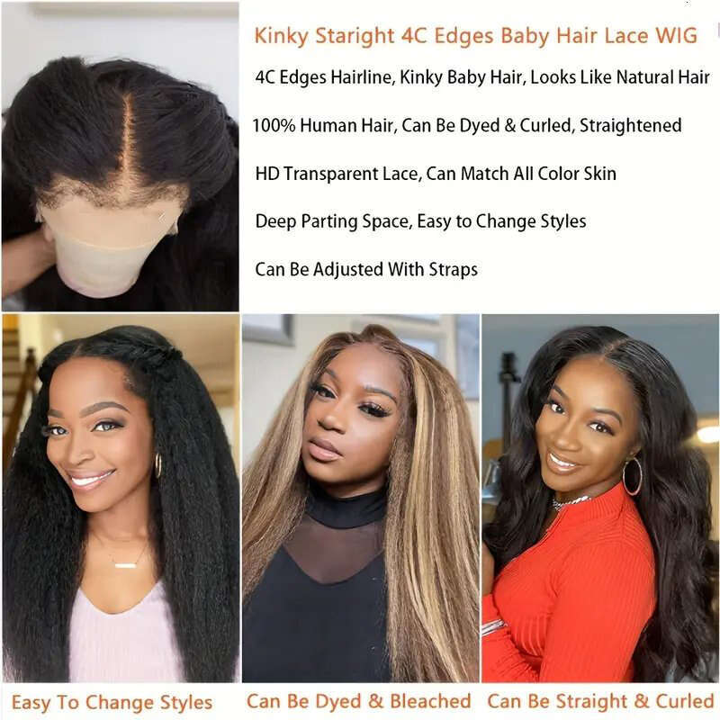 4C Edges Kinky Haire Transparent 13x6 13x4 Lace Frontal Human Wigs With Pre Plucked Baby Hair Yaki Straight Wig