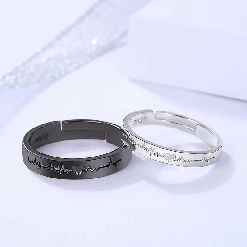 2Pcs Love Heart Electrocardiogram Couple Open Rings For Women Men Lover Black Silver Color Engagement Wedding ValentineDay GiftX240921