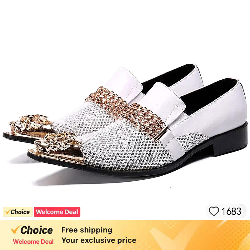 Fashion Gentleman Dressing Metal Pointed Toe Patchwork Crystal Designer Wedding Party Brand Customized Shoes Men Plus Size