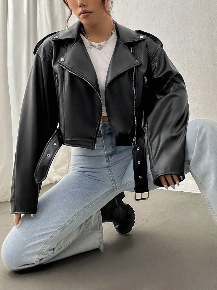 Fitaylor Spring Autumn Casual Women Lapel Zipper Faux PU Leather Jacket Female High Street Motorcycle 240919