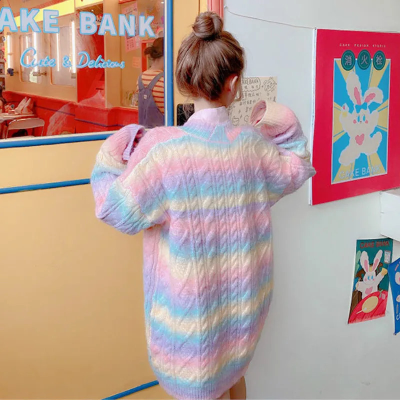 Rainbow Knitted Cardigan Women Autumn winter Sweet Kawaii Sweater Coat Female Long Korean Button Down Cardigan Fall Women 240912