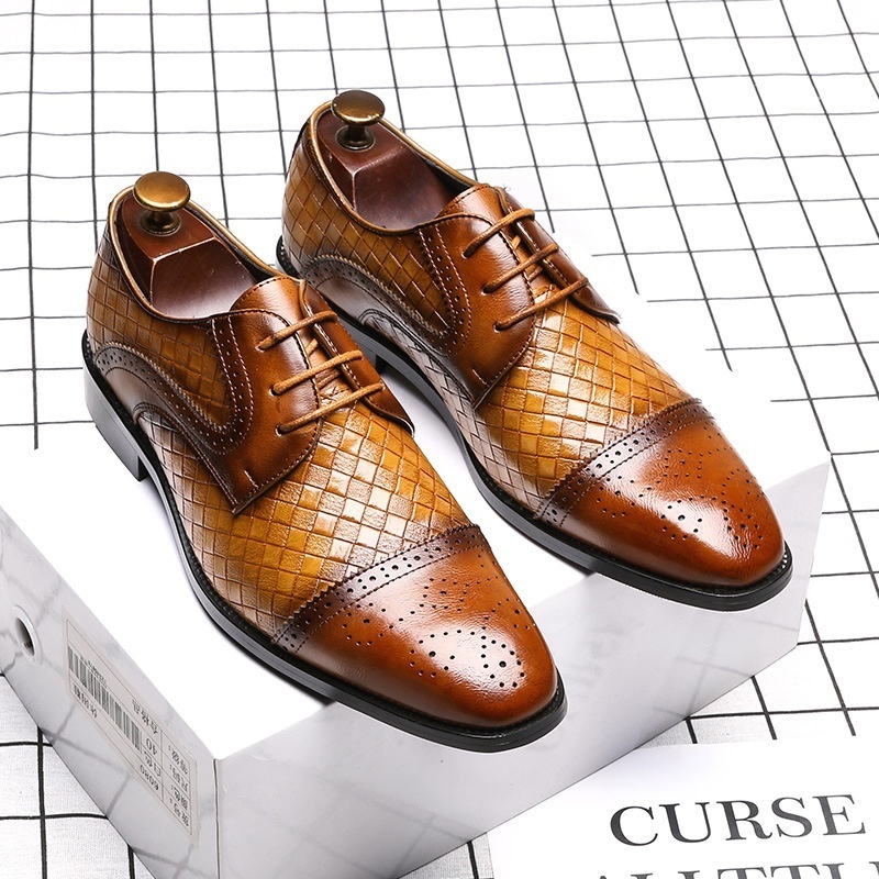 Men's Woven Leather Dress Mens Classic Vintage Derby Brogue Men Lace-Up Business Office Party Wedding Shoes