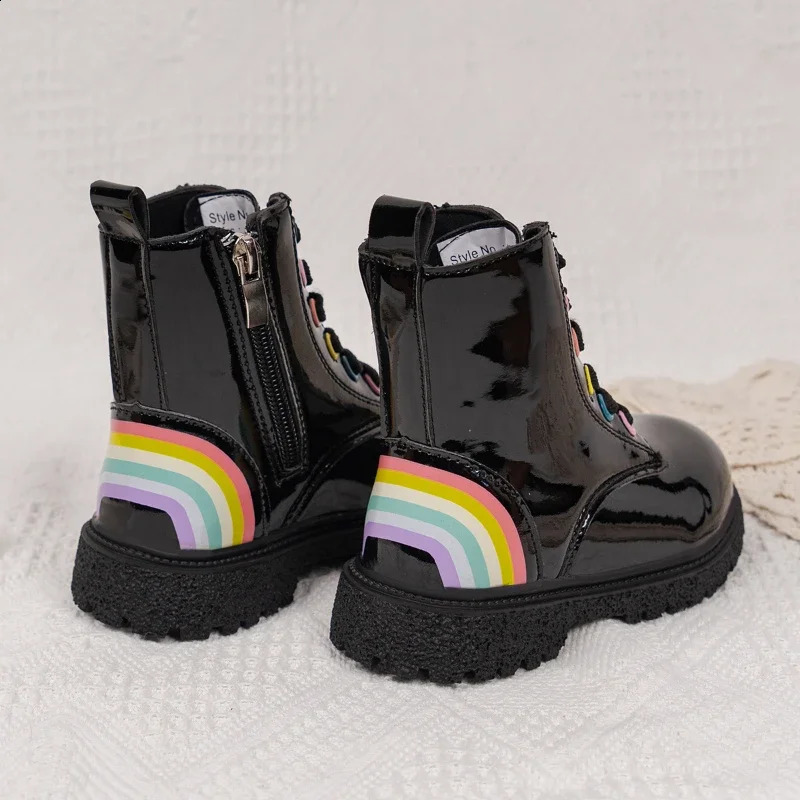 Childrens Fashion Boots for Boys and Girls Autumn/Winter Rainbow Color Rubber Boots Zipper Childrens Ankle Boots Black Gloss 240918