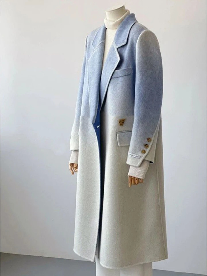 2024 Winter Women Vintage Long Woolen Coat Fashion Long Sleeve Jackets Chic Gradient Outerwear Korean Ladies Casual Overcoat 240918