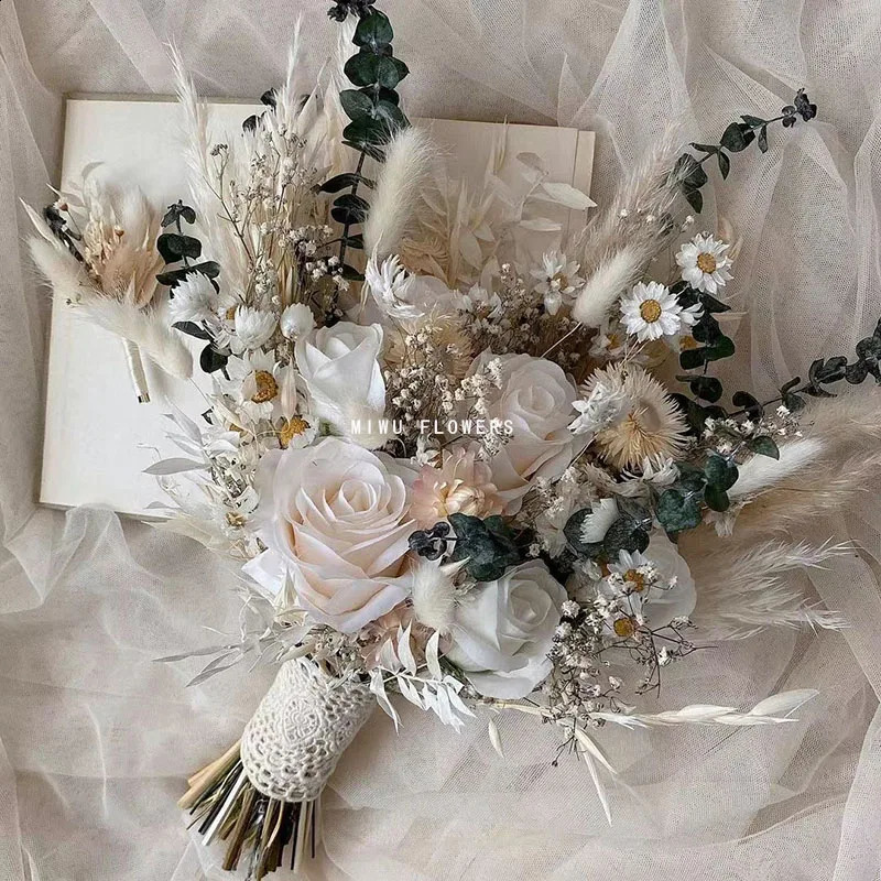 Dry Pampas Grass Wedding Bouquet Bridal Rose Artificial Boho Home Decoration 240919