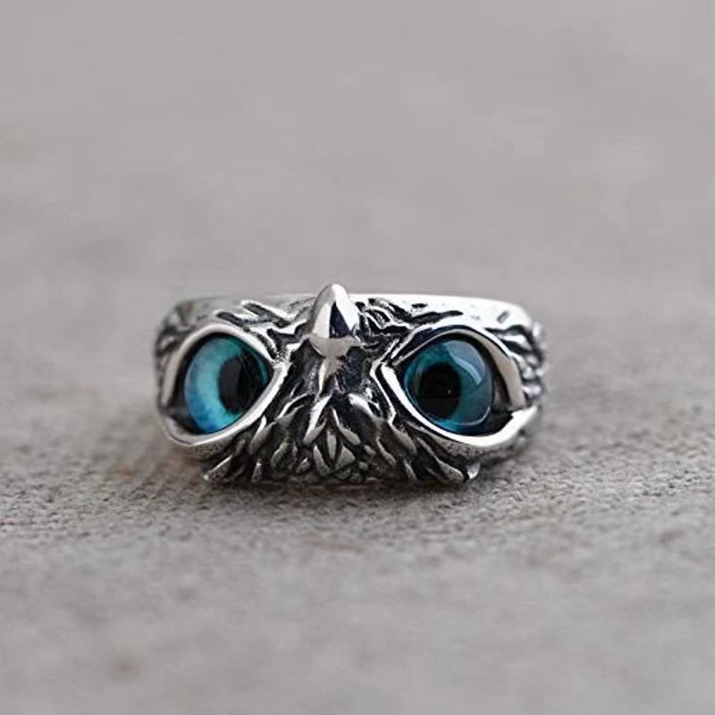 Cross-border hot vintage blue-eyed owl ring cross-border hot European and American jewelry lovers ring