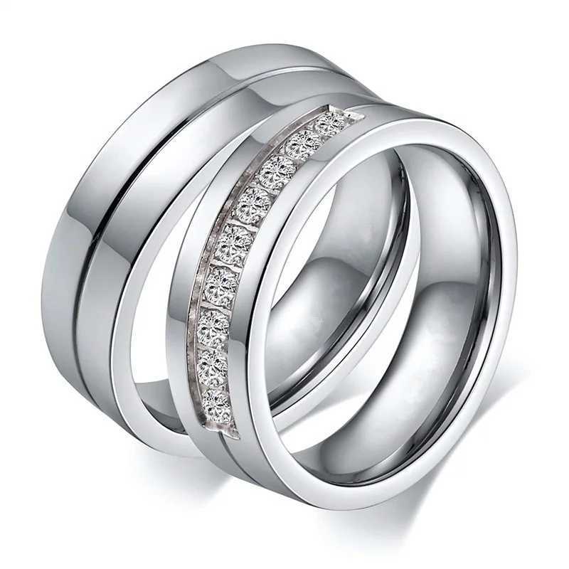Fashion Silver Color Stainless Steel Couple Rings for Lovers Engagement Wedding Band Cute Women Zircon Rings Classical Men RingX240921