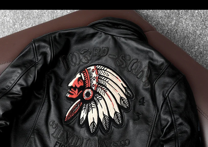 Indian Embroidered Flight Suit Natural Leather Coat Mens Denim Leather Motorcycle Jacket Ultra Thin Fashion Clothing 240909