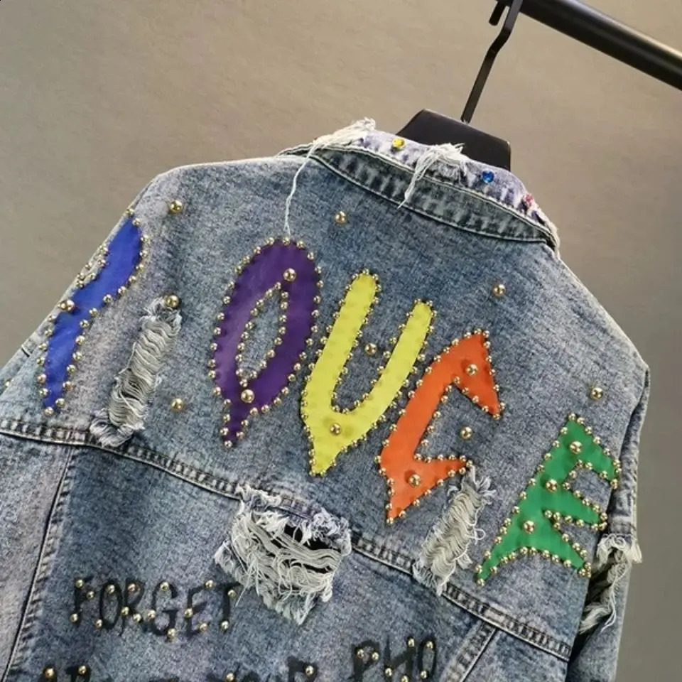 womens denim jacket spring graffiti rivet 240921