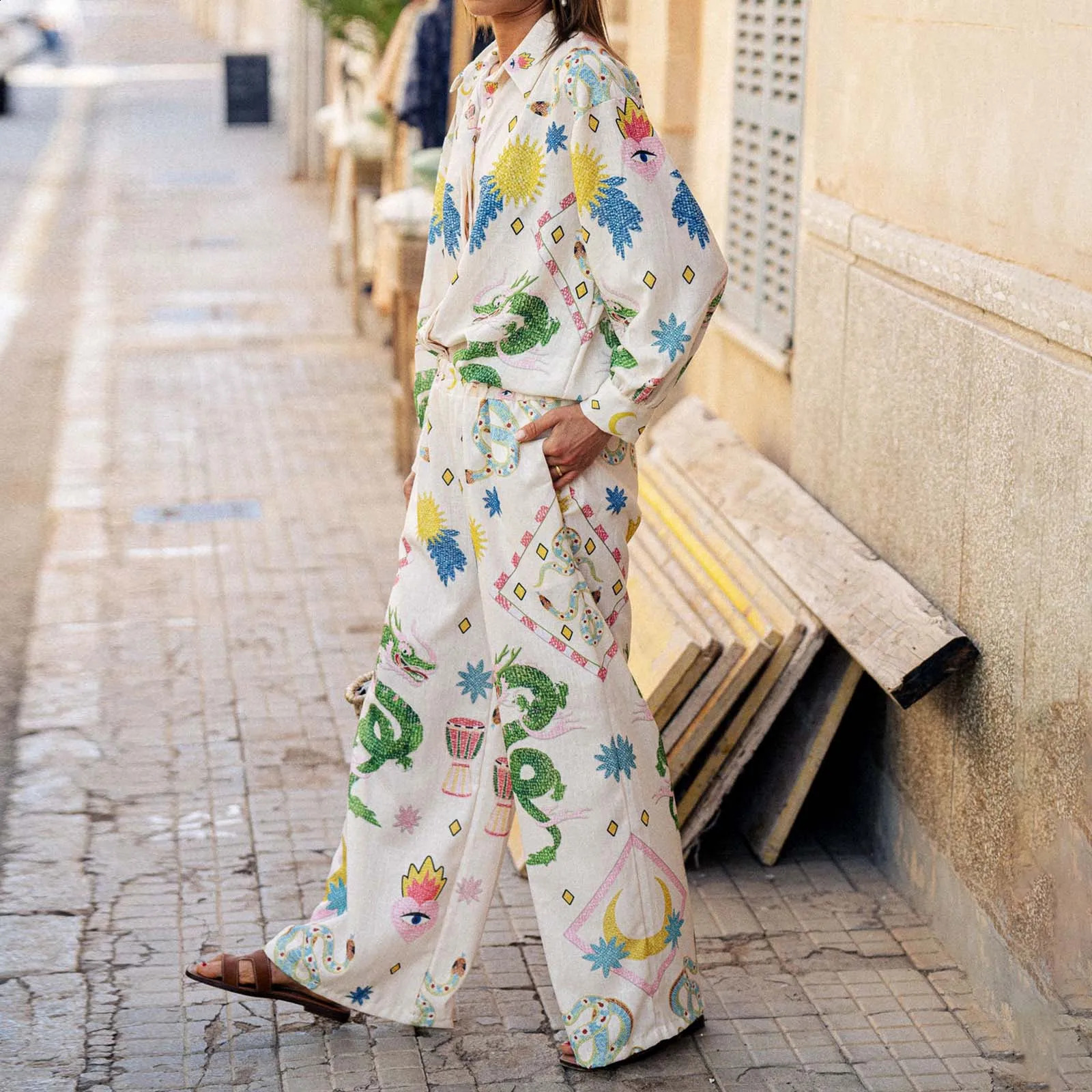 Womens Y2K 2Piece Aesthetic Allover Printed Set Long Sleeve Lapel Button TShirtElastic Waist Wide Legs Long Pants 240921