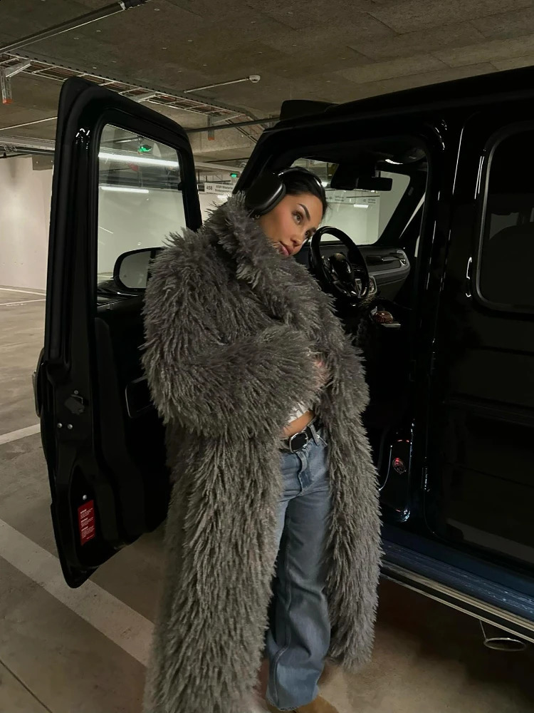 RR2868 Oversized X-Long Faux Coats For Mongolian Fluffy Women Pockets Winter Cotton Liner Fur Long Jackets 240921
