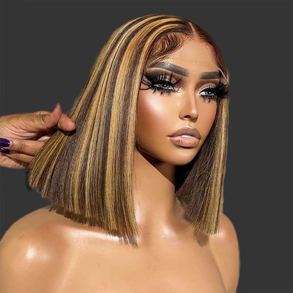 Highlight Ombre Wig Straight 4/27 Honey Blonde Human Hair 13x4 Lace Front Wigs Short Bob
