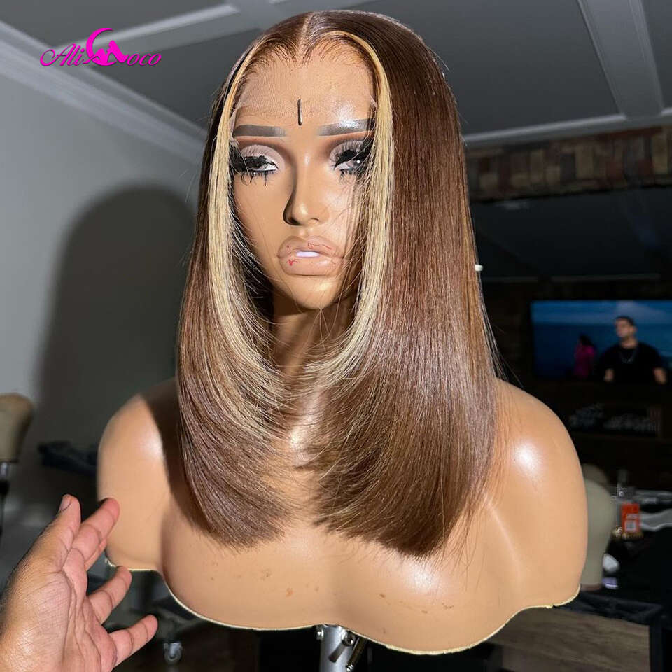 Brown Short Straight Bob Human Wigs Pre-Plucked With Baby Hair Honey Blonde Colored Lace Frontal Wig For Women