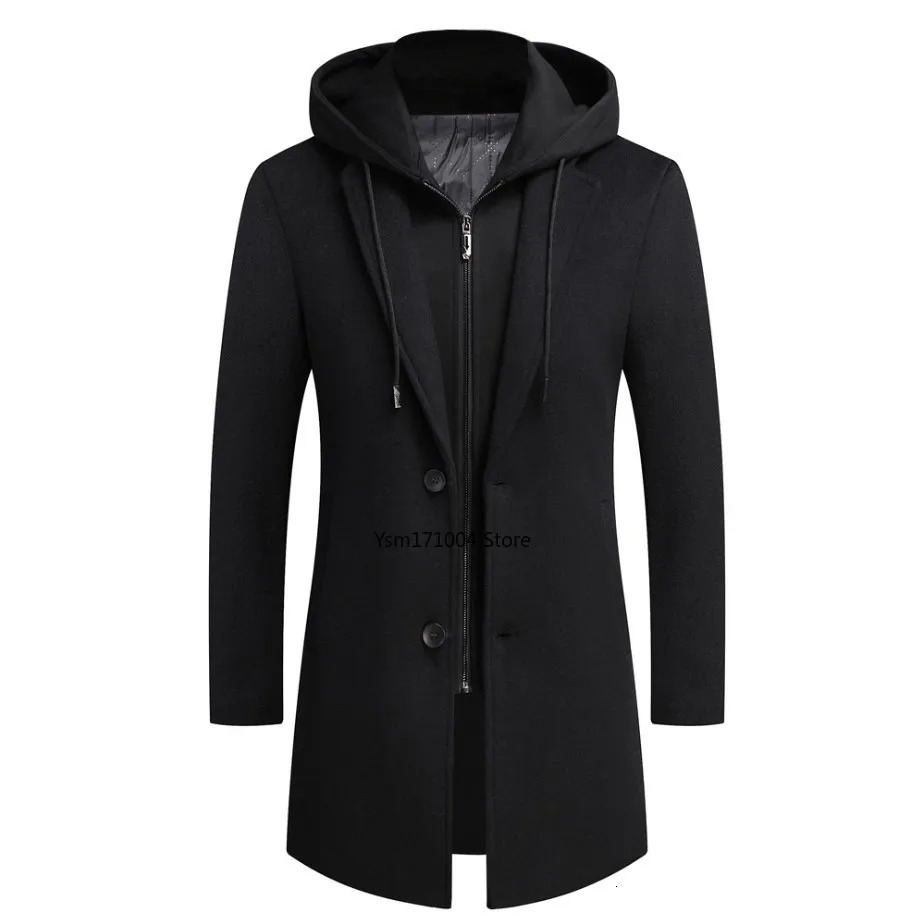 Winter New Men's Business Casual Cashmere Coat Thickened Warm Leave Two Pieces Of Grey Hooded Windbreaker
