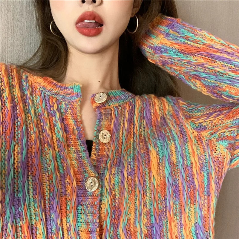 Fashion Rainbow Contrast Knitted Cardigan Sweater Womens Jacket Spring Autumn Short Shawl Coat Tops Female Knitwear 240912