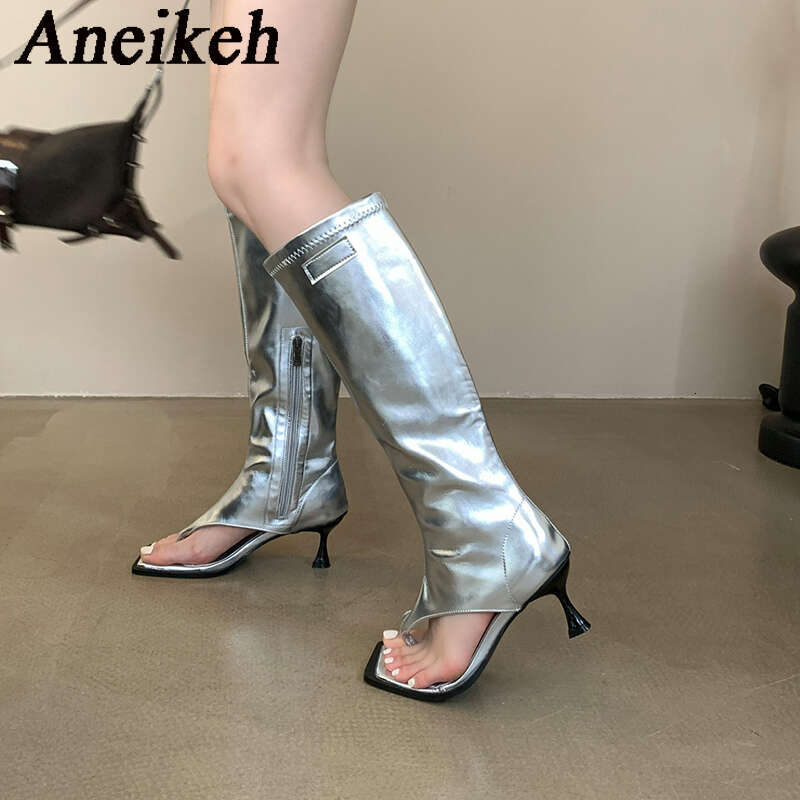 Aneikeh 2024 Sexy PU Square Head Clip Toe Sandals Women's Thin Heel Side Zipper Sewing Knee High Boots Party Ball