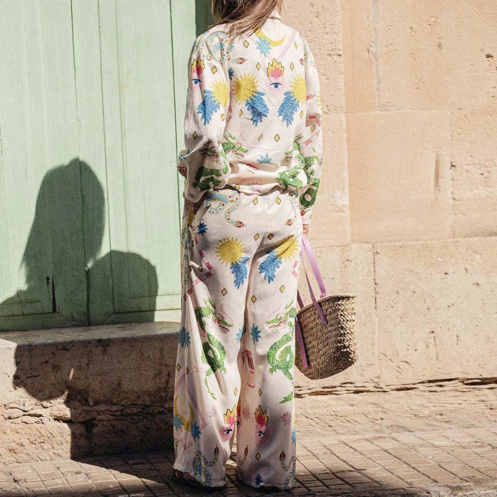 Womens Y2K 2Piece Aesthetic Allover Printed Set Long Sleeve Lapel Button TShirtElastic Waist Wide Legs Long Pants 240921