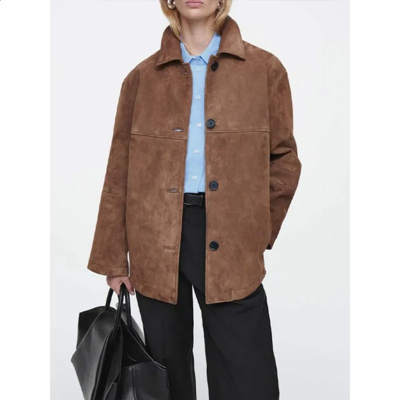Retro Brown Suede Leather Blazer Lapel Casual Single Breasted Loose Pocket Women Jacket 2024autumn Fashion Commute Street Coats 240921