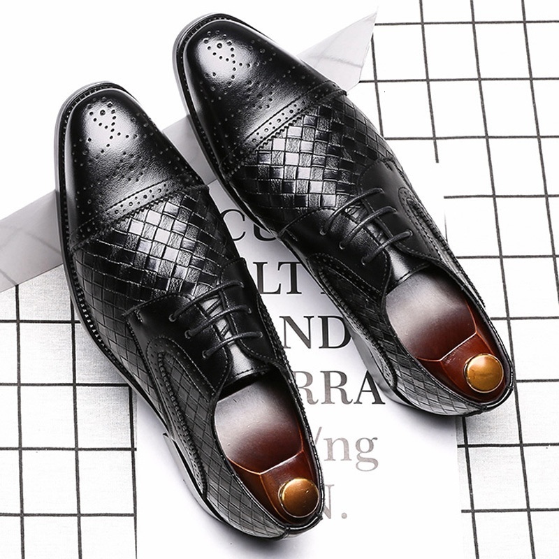 Men's Woven Leather Dress Mens Classic Vintage Derby Brogue Men Lace-Up Business Office Party Wedding Shoes