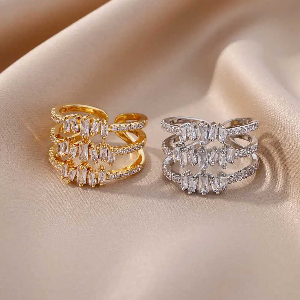 Multilayer female Rings Gold Color copper zircon light luxury Rings for Women Fashion Waterproof Couple Jewelry Gift AccessoriesX240921