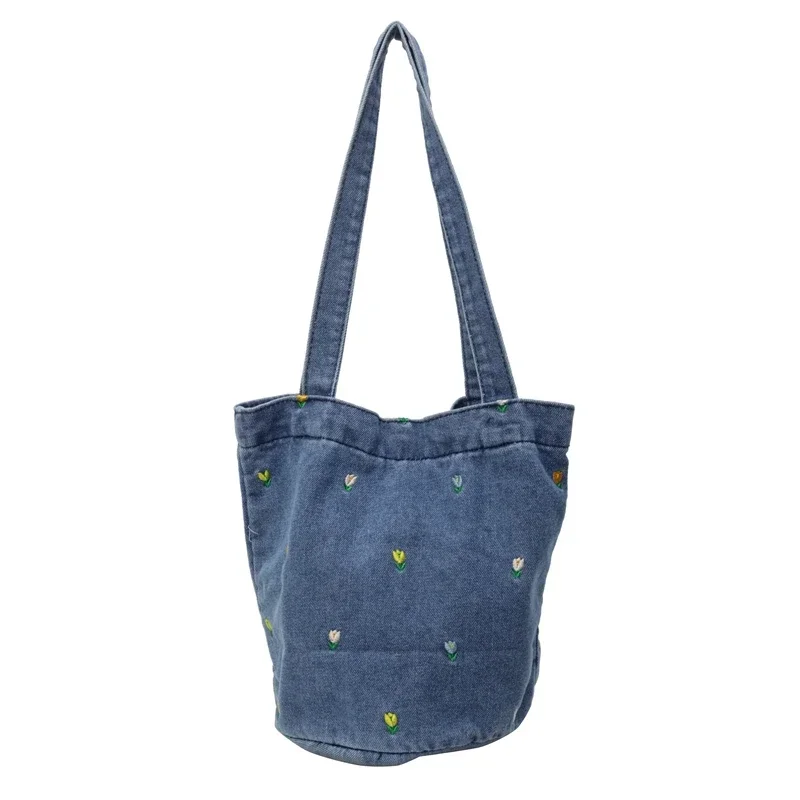 Versatile Denim Bag Designer Embroidery Fashionable Women's TLXT Shoulder Bag Large Capacity Bucket Bag Handbag for Women