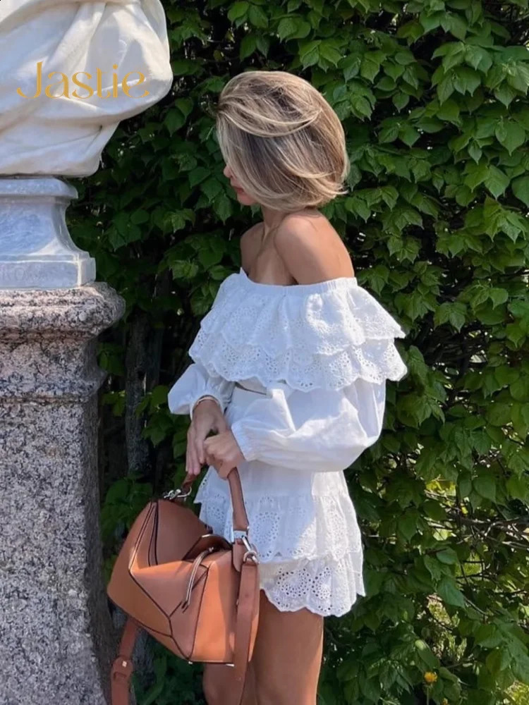 Jastie Spring Womens Lace Set Fashion O-neck Long sleeved ShirtA-line Ski Set Casual Elegant White Two piece Set 240921