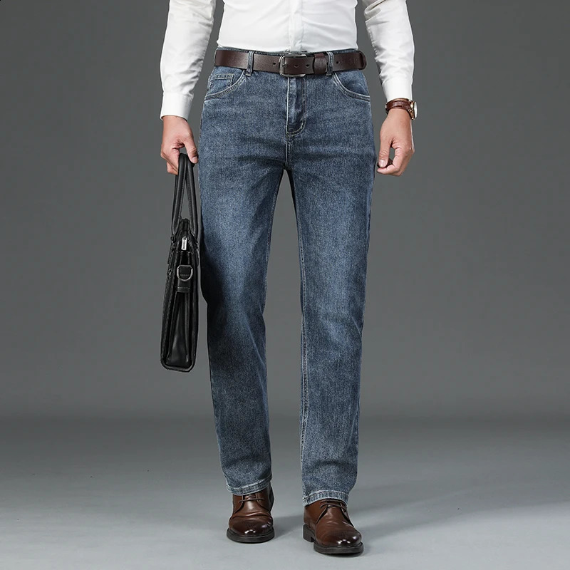 Autumn mens business casual jeans 95% pure cotton comfortable elastic retro straight denim pants classic Trouser style 240913