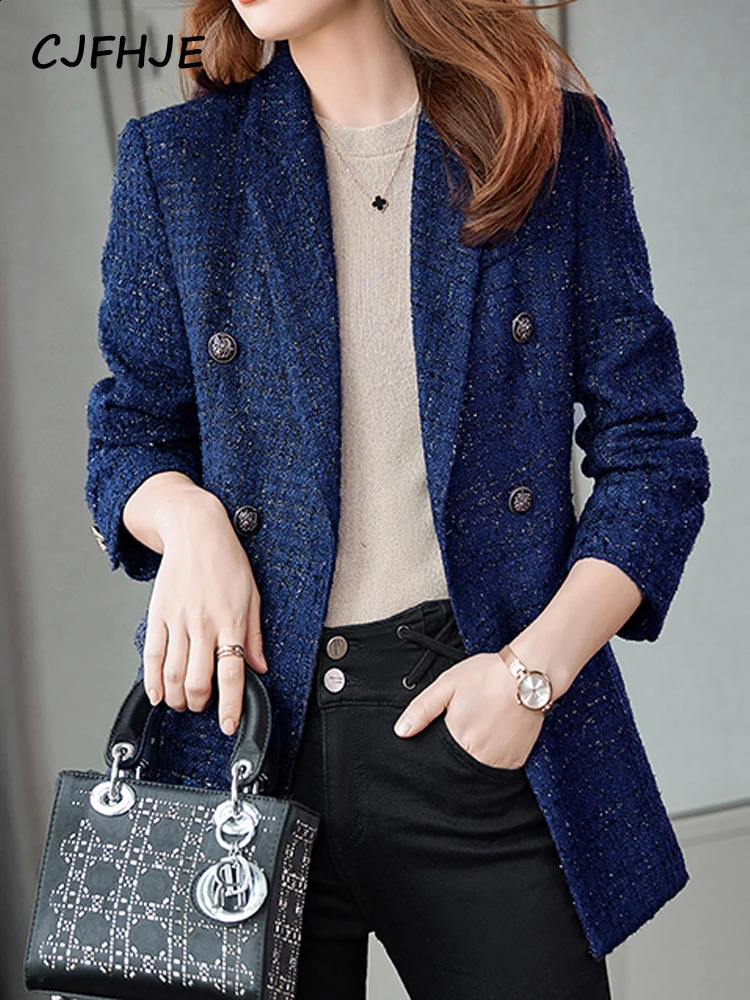 CJFHJE Navy Blue Winter Tweed Blazers Coat Women Thick Warm Long Sleeve Button Elegant Lady Jacket Coat Double-Breasted Overcoat 240911