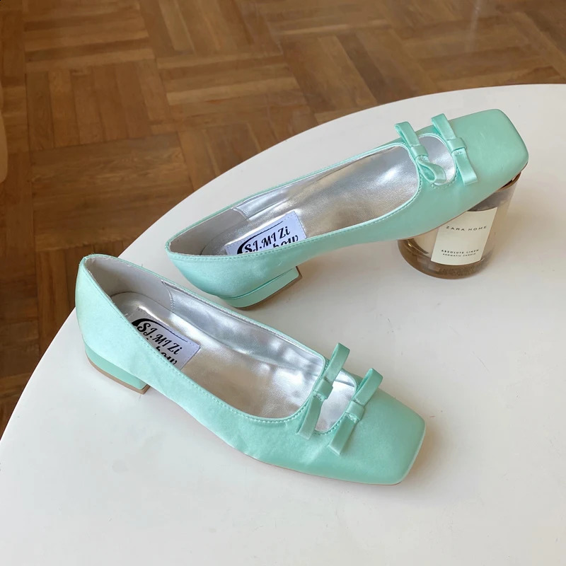 Mint green satin single shoe square toe arch low heel comfortable versatile Mary Jane shoes 240919
