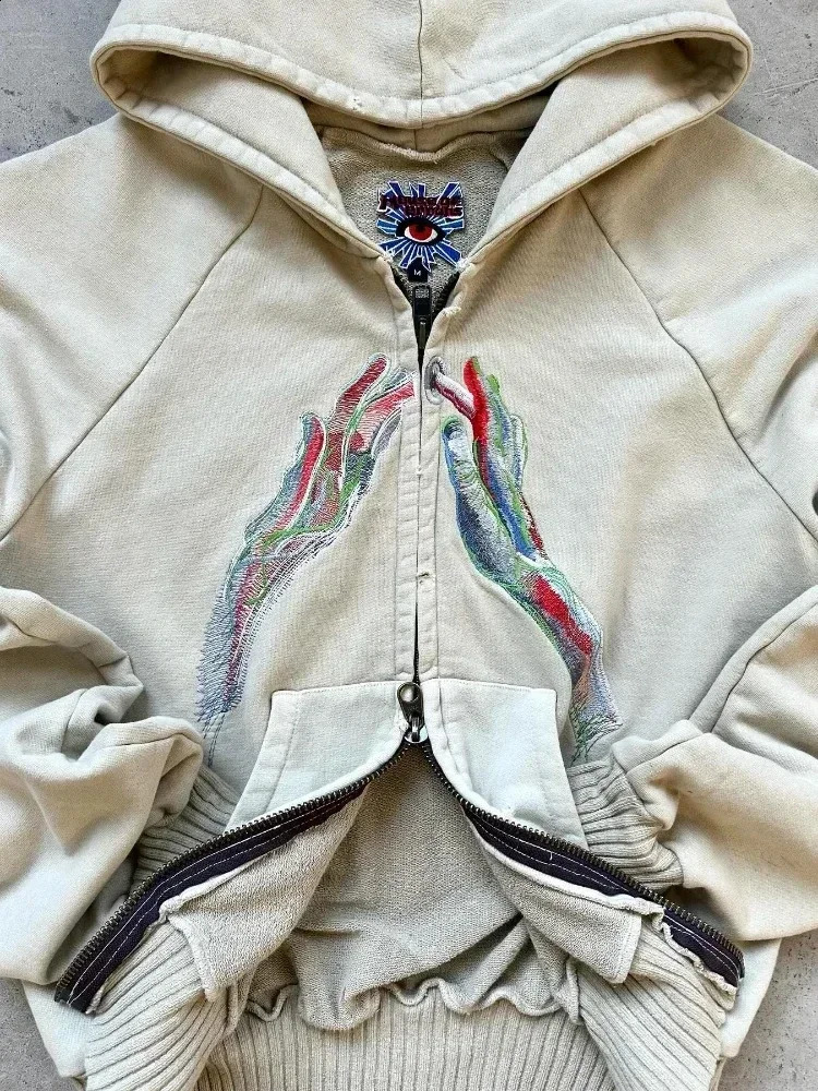 American Fashion Trend Pattern Embroidery Zipper Hoodie Men Y2K Street Hip Hop Retro Fleece Padded Sweatshirt Unisex Hooded 240913