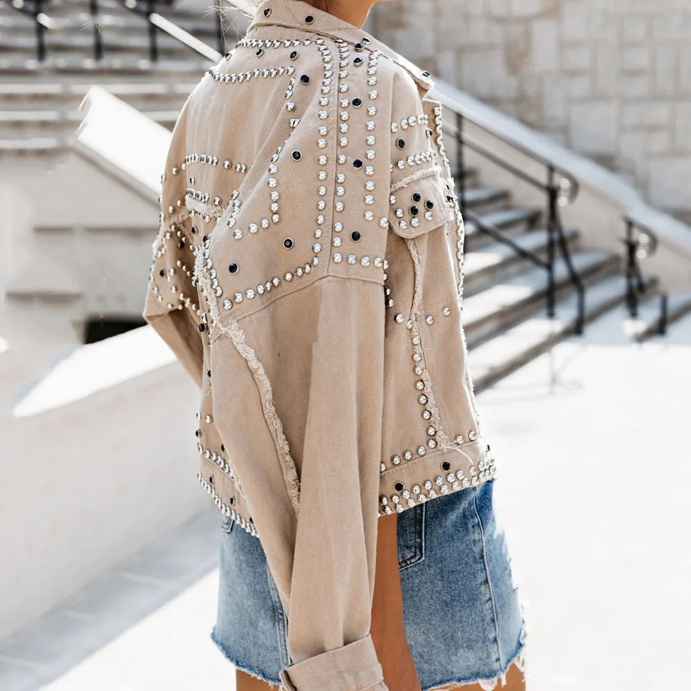 Womens collar washed denim jacket single chest retro full sleeve rivet motorcycle streetwear Gothic spring 240921