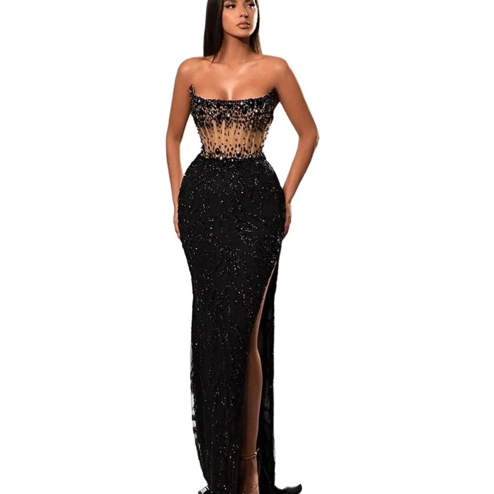 Modern Beaded Black Prom Dresses Side Split Pearls Sequins Long Strapless Corset Formal Evening Dress Luxurious Birthday Party Pageant Special Occasio
