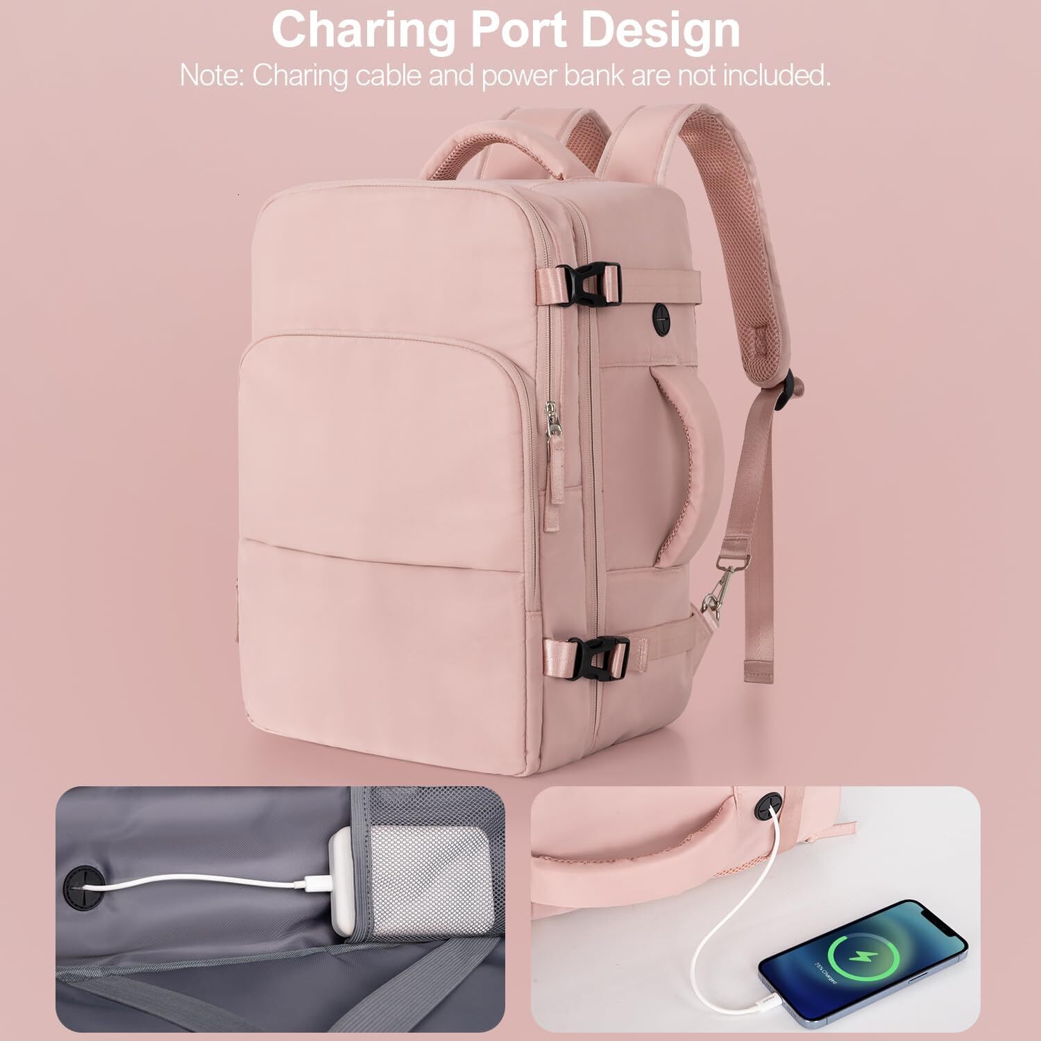 Women, Flight Approved Carry On Backpack with USB Charging Hole, Lightweight Travel Bag, Waterproof Causal Bookbag for College, Travel, Work
