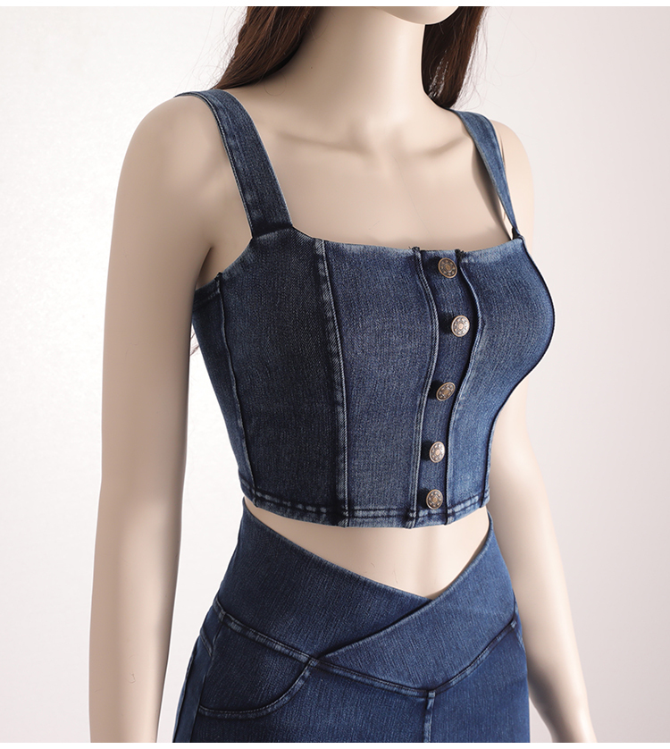 Women's Clothing Sexy Tops For Women Crop Fashion Button Front Shirred Detail Denim Top