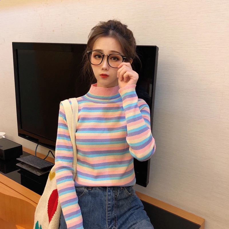 Winter Rainbow Knitted Women Sweaters And Long Sleeve Turtleneck Casual Pullovers Sueter Mujer Tops Korean Striped Acrylic Jumpe 240912