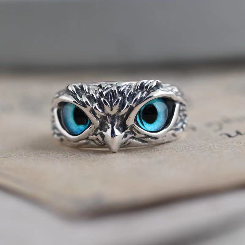 Cross-border hot vintage blue-eyed owl ring cross-border hot European and American jewelry lovers ring